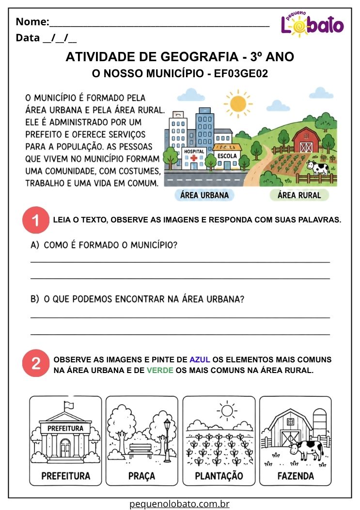 Atividade de Geografia 3º Ano - O Nosso Município para Identificar Elementos das Áreas Urbana e Rural - EF03GE02