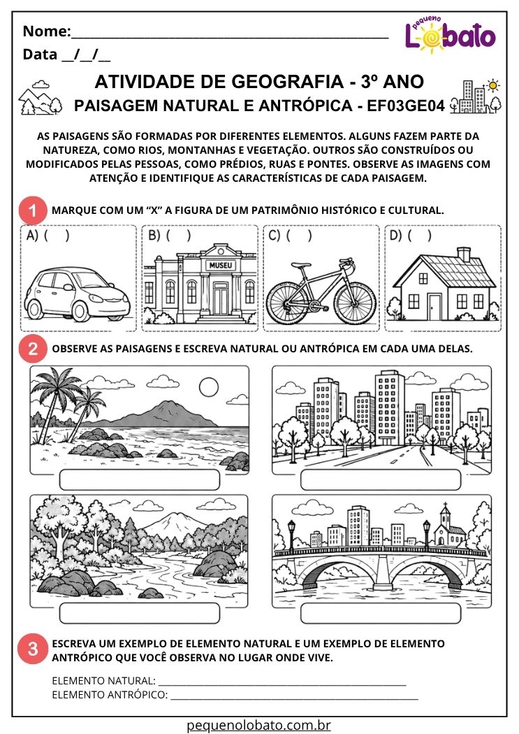 Atividade de Geografia 3º Ano - Paisagem Natural e Antrópica para Identificar Elementos e Comparar Diferentes Lugares - EF03GE04