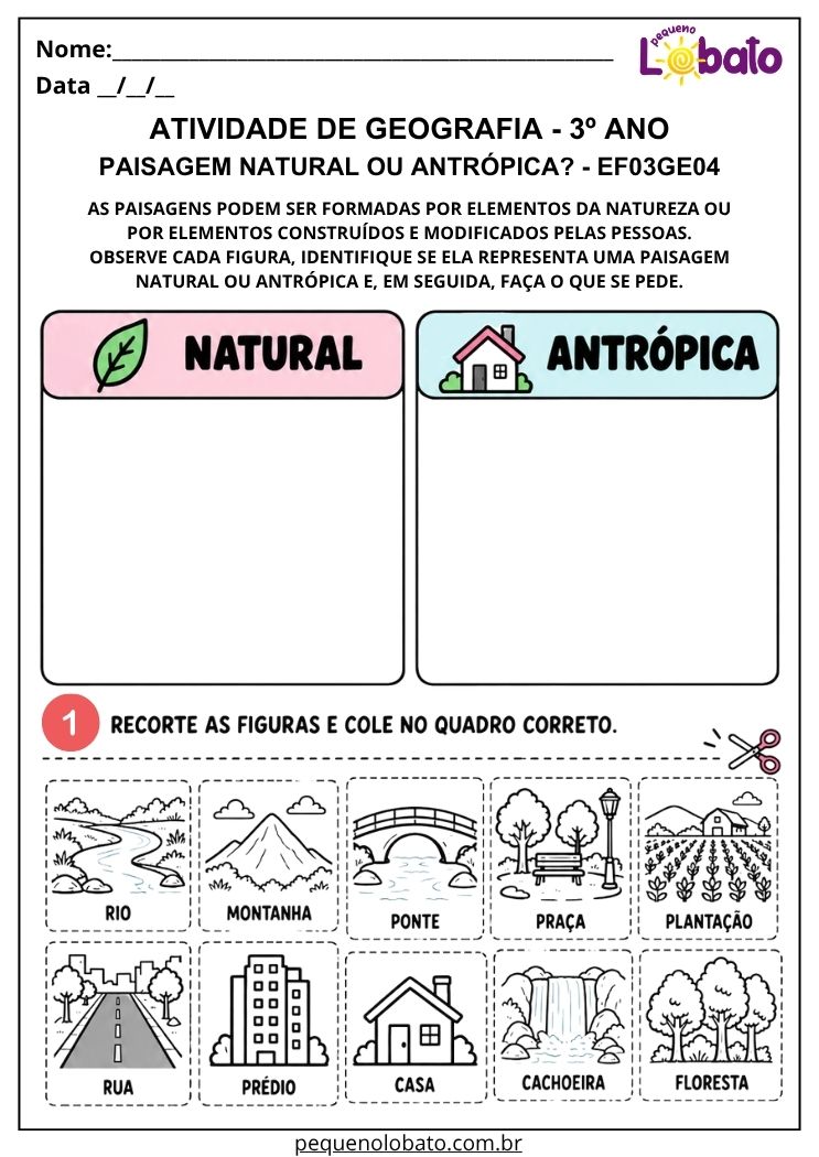 Atividade de Geografia 3º Ano - Paisagem Natural ou Antrópica para Recortar e Classificar os Elementos - EF03GE04
