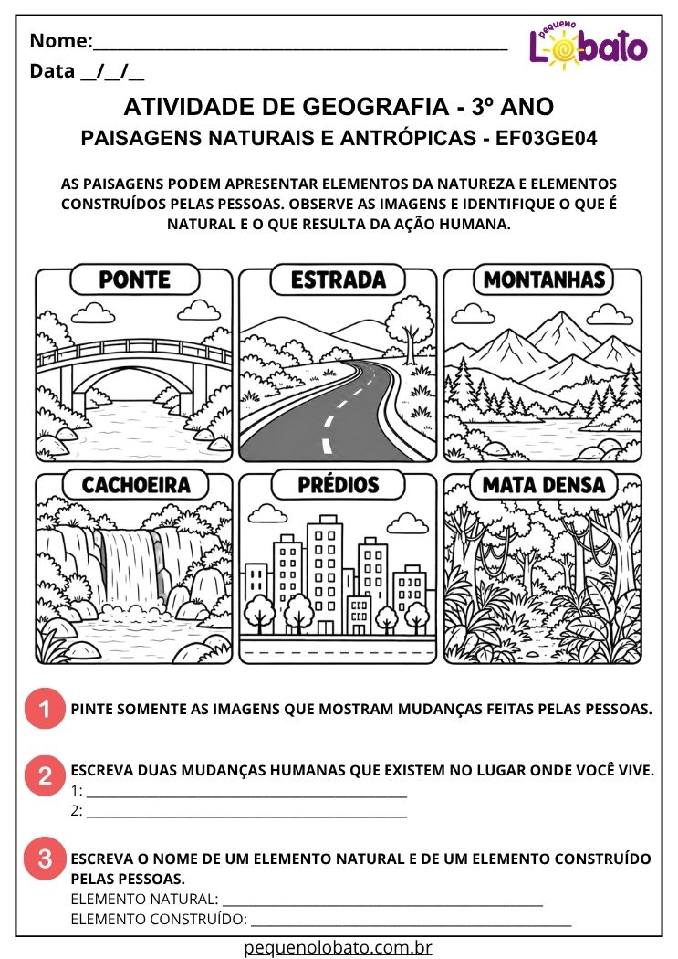 Atividade de Geografia 3º Ano - Paisagens Naturais e Antrópicas para Identificar Elementos da Natureza e Construídos pelas Pessoas - EF03GE04