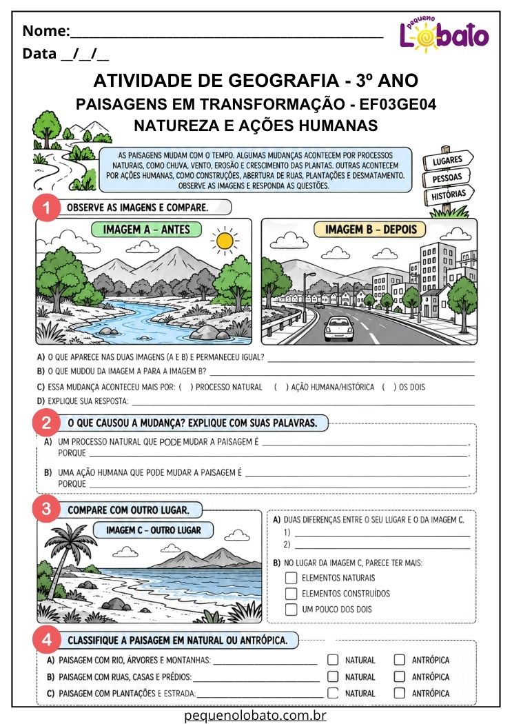 Atividade de Geografia 3º Ano - Paisagens em Transformação para Comparar Antes e Depois e Identificar as Causas das Mudanças - EF03GE04