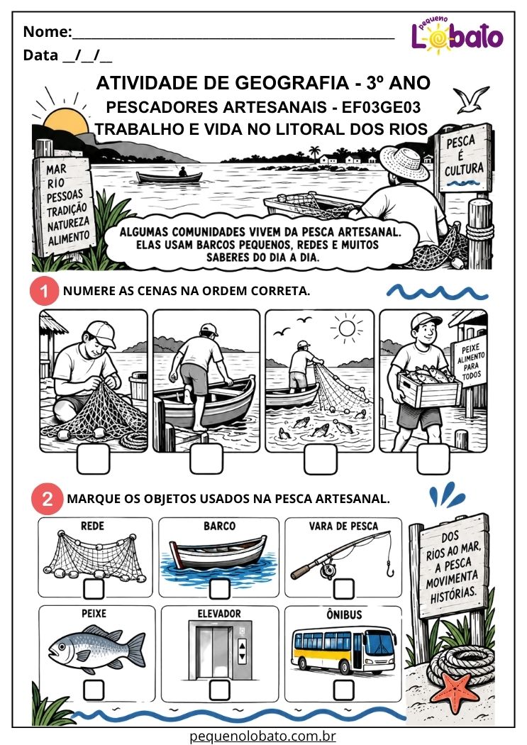 Atividade de Geografia 3º Ano - Pescadores Artesanais para Conhecer Trabalho, Pesca e Modo de Vida - EF03GE03