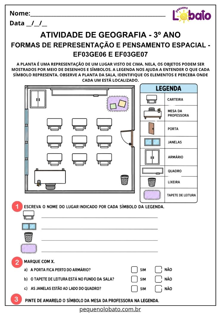 Atividade de Geografia 3º Ano - Planta da Sala para Interpretar Símbolos, Legenda e Localização - EF03GE06