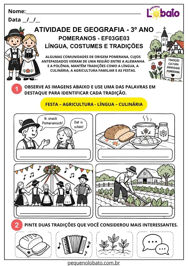 Atividade de Geografia 3º Ano - Pomeranos_ Língua, Costumes e Tradições - EF03GE03