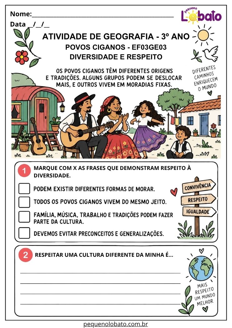 Atividade de Geografia 3º Ano - Povos Ciganos_ Cultura, Diversidade e Respeito - EF03GE03
