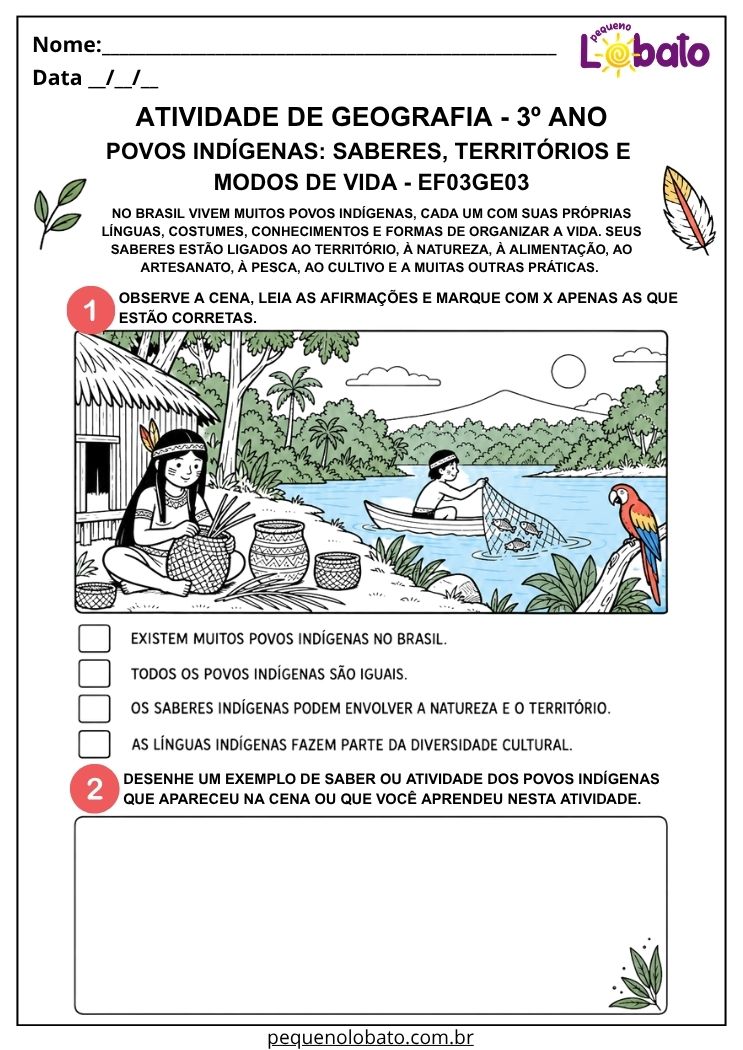 Atividade de Geografia 3º Ano - Povos Indígenas_ Saberes, Territórios e Modos de Vida - EF03GE03