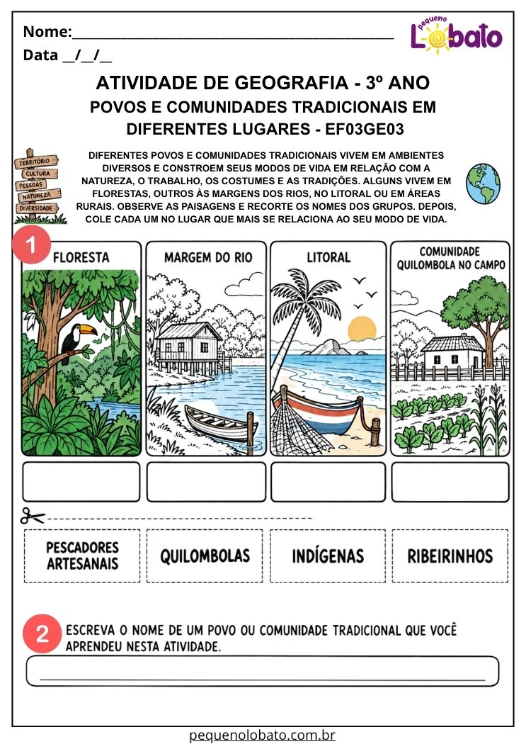 Atividade de Geografia 3º Ano - Povos e Comunidades Tradicionais em Diferentes Lugares - EF03GE03