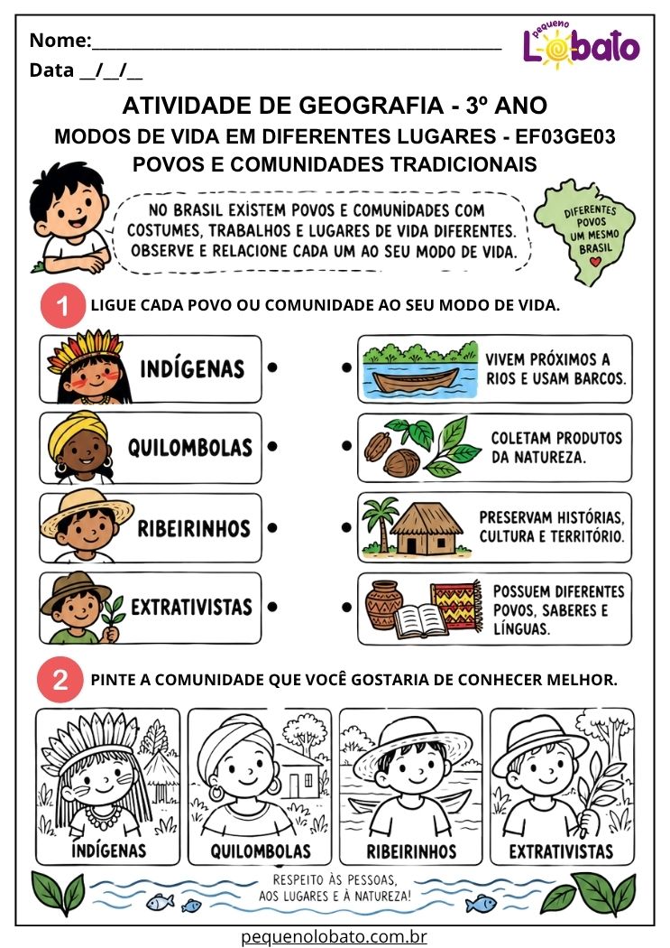 Atividade de Geografia 3º Ano - Povos e Comunidades Tradicionais para Conhecer Diferentes Modos de Vida - EF03GE03