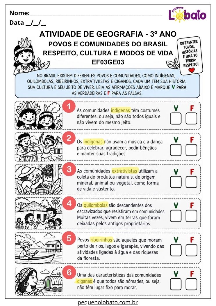 Atividade de Geografia 3º Ano - Povos e Comunidades do Brasil_ Cultura, Respeito e Modos de Vida - EF03GE03