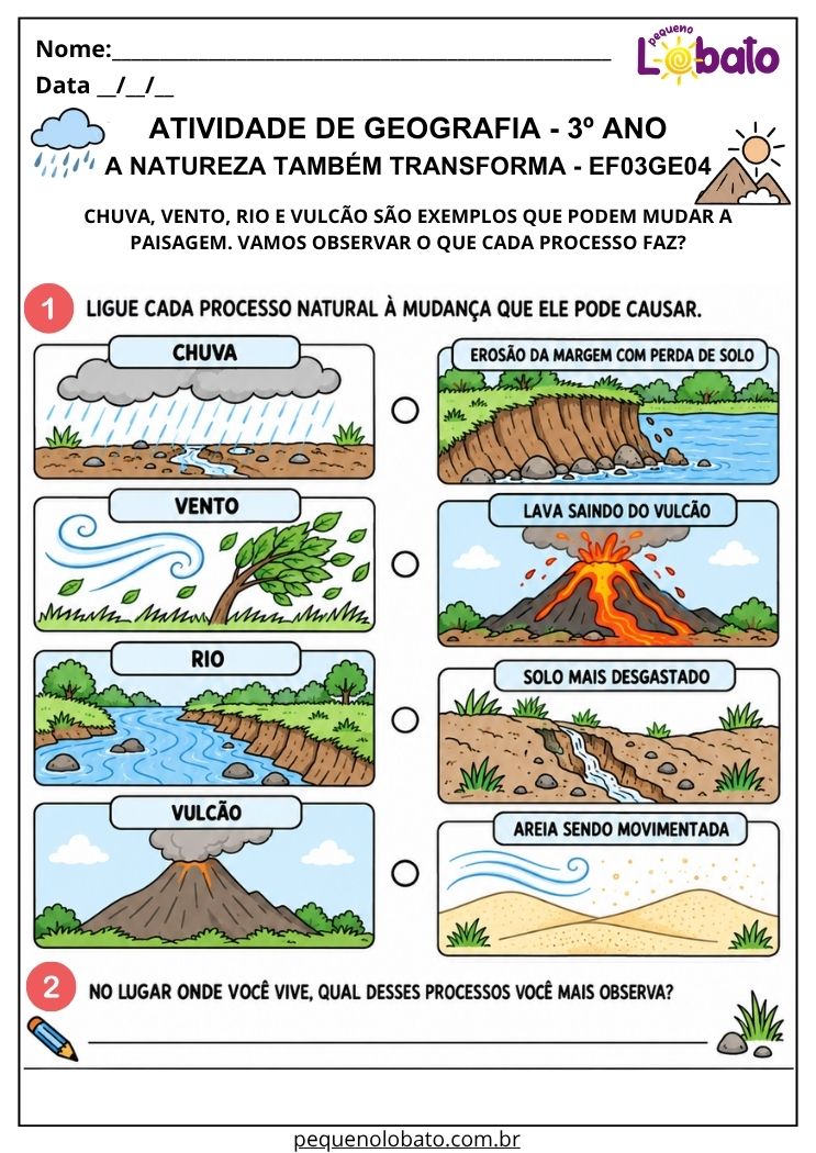 Atividade de Geografia 3º Ano - Processos Naturais para Relacionar Chuva, Vento, Rios e Vulcões às Mudanças na Paisagem - EF03GE04
