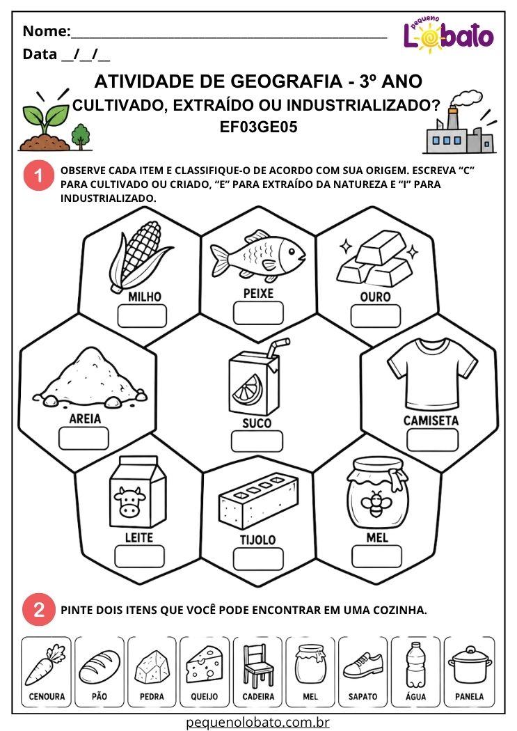 Atividade de Geografia 3º Ano - Produtos Cultivados, Extraídos ou Industrializados para Identificar suas Origens - EF03GE05