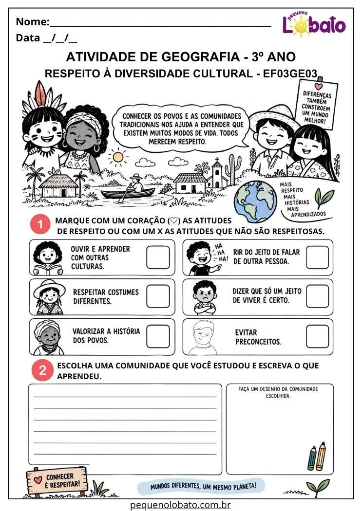 Atividade de Geografia 3º Ano - Respeito à Diversidade Cultural dos Povos e Comunidades - EF03GE03