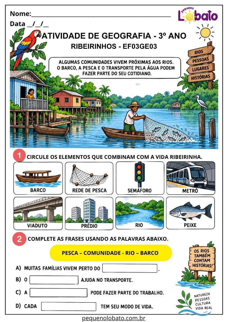 Atividade de Geografia 3º Ano - Ribeirinhos para Conhecer o Modo de Vida às Margens dos Rios - EF03GE03
