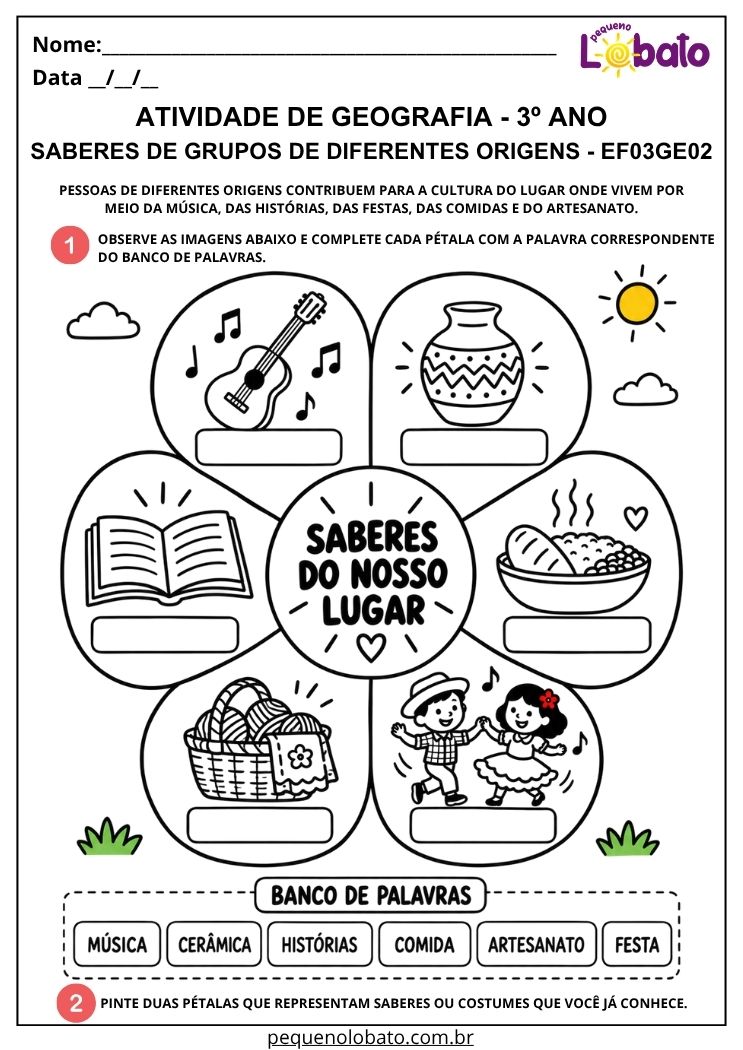 Atividade de Geografia 3º Ano - Saberes de Grupos de Diferentes Origens para Identificar Cultura, Costumes e Tradições - EF03GE02