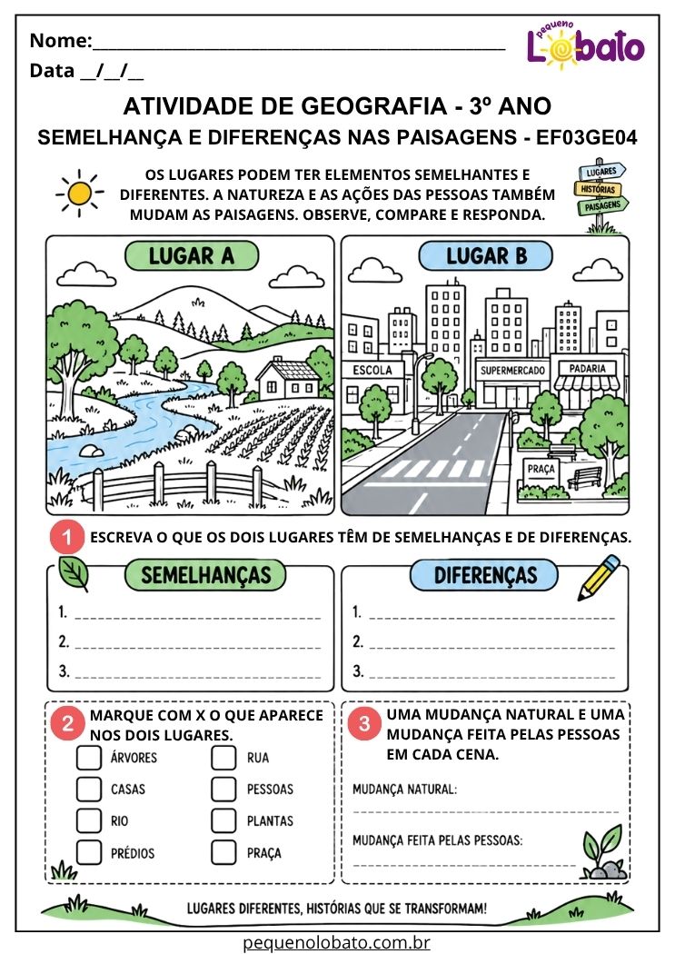 Atividade de Geografia 3º Ano - Semelhanças e Diferenças nas Paisagens para Comparar Lugares e Transformações - EF03GE04