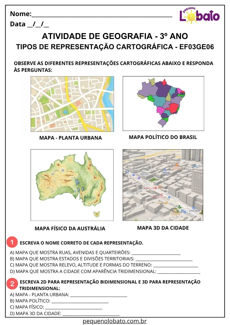 Atividade de Geografia 3º Ano - Tipos de Representação Cartográfica para Identificar Mapas 2D e 3D - EF03GE06