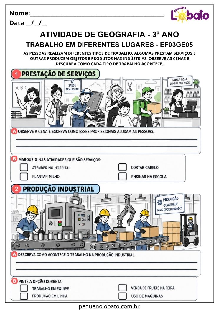 Atividade de Geografia 3º Ano - Trabalho em Diferentes Lugares_ Prestação de Serviços e Produção Industrial - EF03GE05
