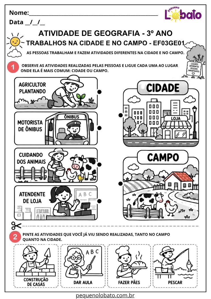 Atividade de Geografia 3º Ano - Trabalhos na Cidade e no Campo para Relacionar Atividades e Lugares - EF03GE01