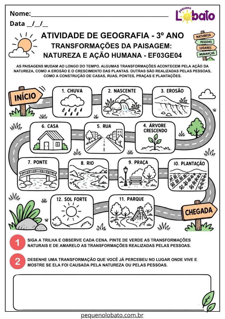 Atividade de Geografia 3º Ano - Transformações da Paisagem pela Natureza e pela Ação Humana - EF03GE04