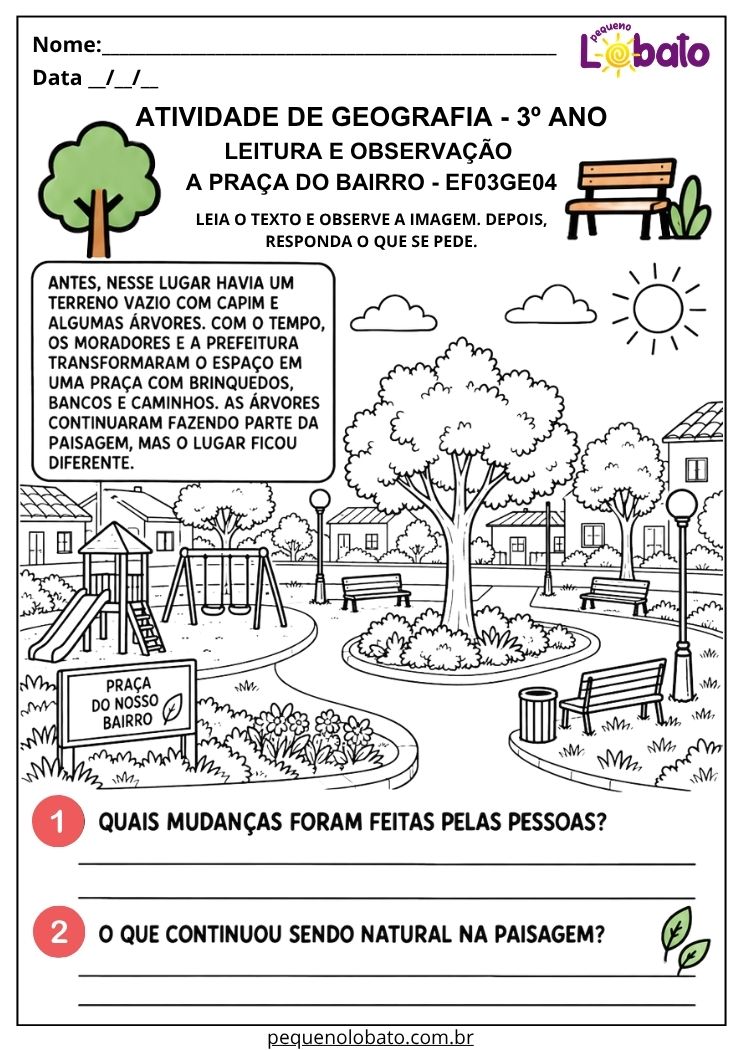 Atividade de Geografia 3º Ano - Transformações da Praça do Bairro para Identificar Mudanças Humanas e Elementos Naturais - EF03GE04