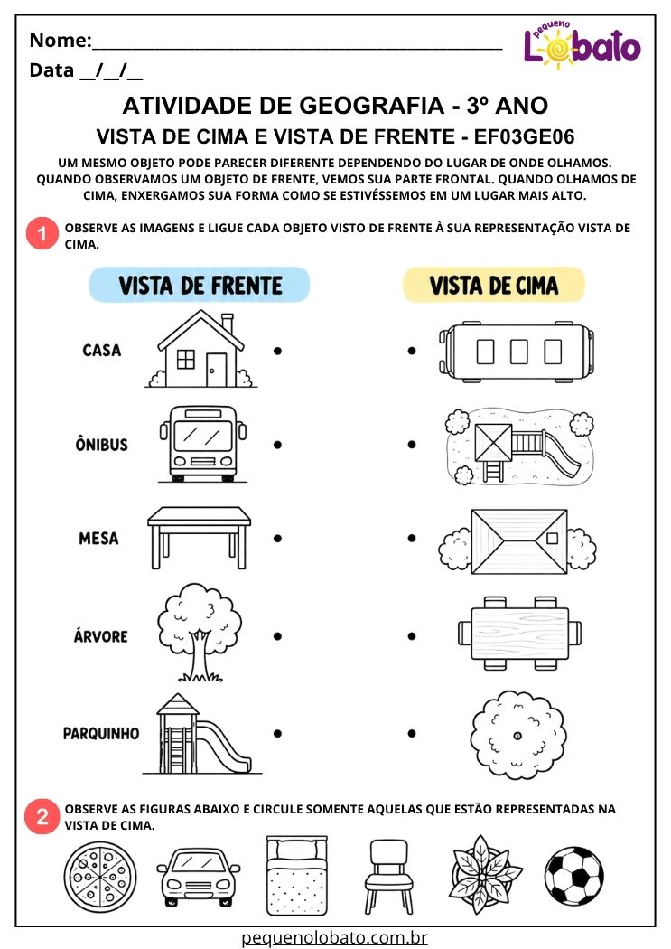 Atividade de Geografia 3º Ano - Vista de Cima e Vista de Frente para Comparar Diferentes Representações - EF03GE06