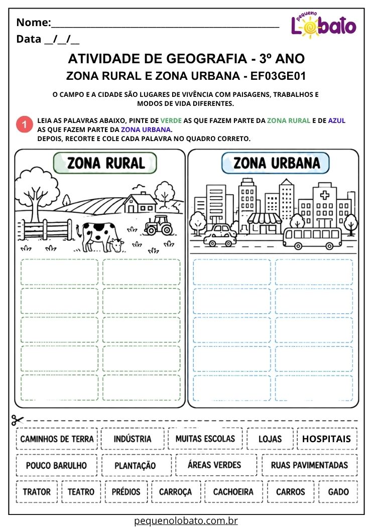 Atividade de Geografia 3º Ano - Zona Rural e Zona Urbana para Recortar e Classificar Características - EF03GE01