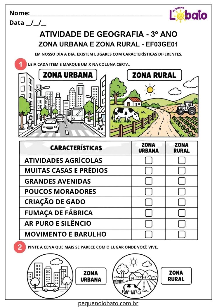 Atividade de Geografia 3º Ano - Zona Urbana e Zona Rural para Comparar Características - EF03GE01