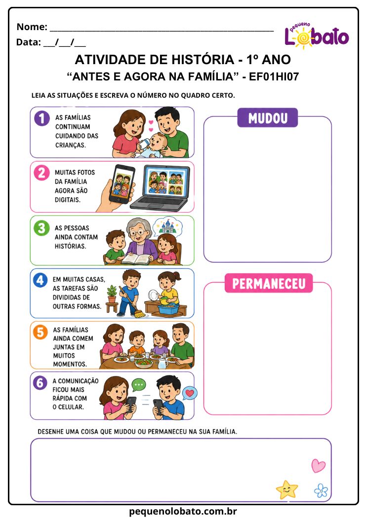 Atividade de História 1º Ano sobre Antes e Agora na Família_ Mudanças e Permanências (EF01HI07)