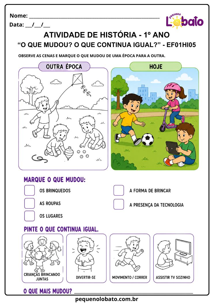 Atividade de História 1º Ano sobre Brincadeiras de Antes e de Hoje_ Mudanças e Permanências (EF01HI05)