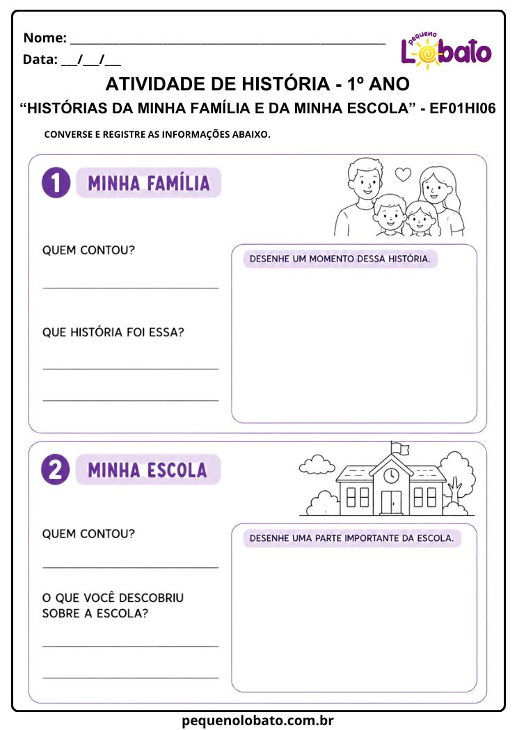Atividade de História 1º Ano sobre Histórias e Memórias da Família e da Escola (EF01HI06)