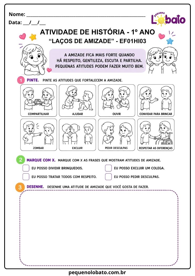 Atividade de História 1º Ano sobre Laços de Amizade, Respeito e Boa Convivência (EF01HI03)