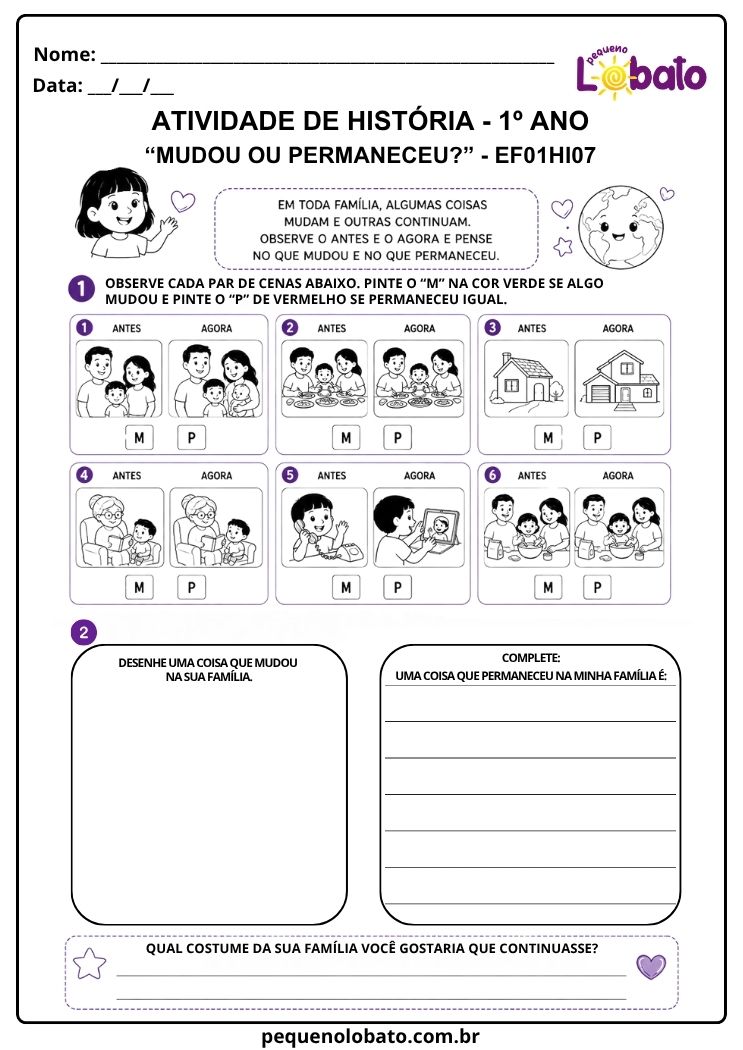 Atividade de História 1º Ano sobre Mudanças e Permanências na Organização Familiar (EF01HI07)