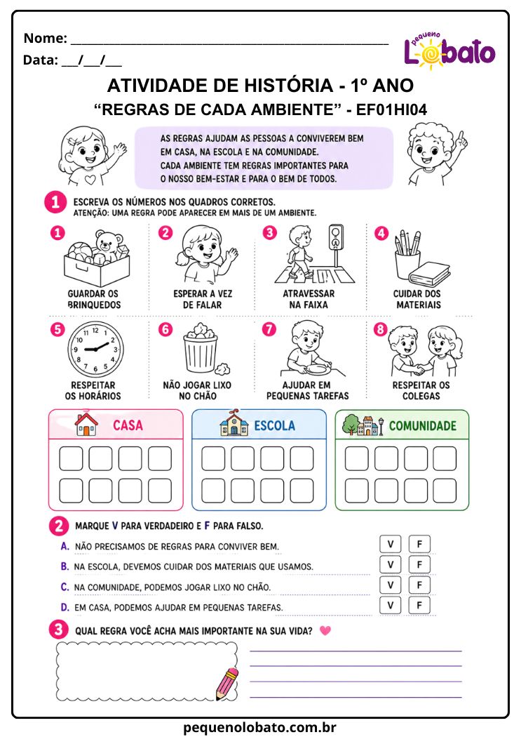 Atividade de História 1º Ano sobre Regras de Convivência em Casa, na Escola e na Comunidade (EF01HI04)