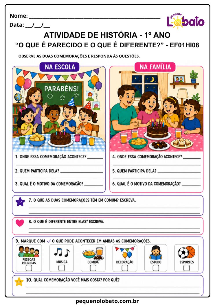 Atividade de História 1º Ano sobre Semelhanças e Diferenças entre Festas Escolares e Familiares (EF01HI08)