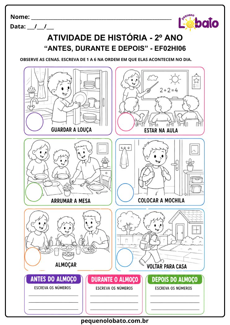 Atividade de História 2º Ano sobre Antes, Durante e Depois na Rotina Diária (EF02HI06)