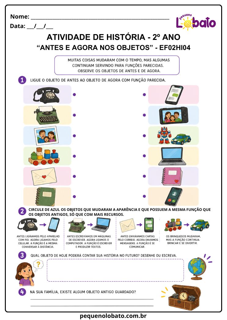 Atividade de História 2º Ano sobre Antes e Agora nos Objetos (EF02HI04)