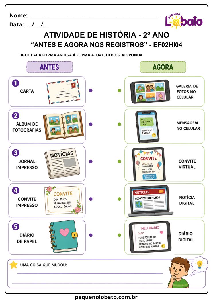 Atividade de História 2º Ano sobre Antes e Agora nos Registros (EF02HI04)