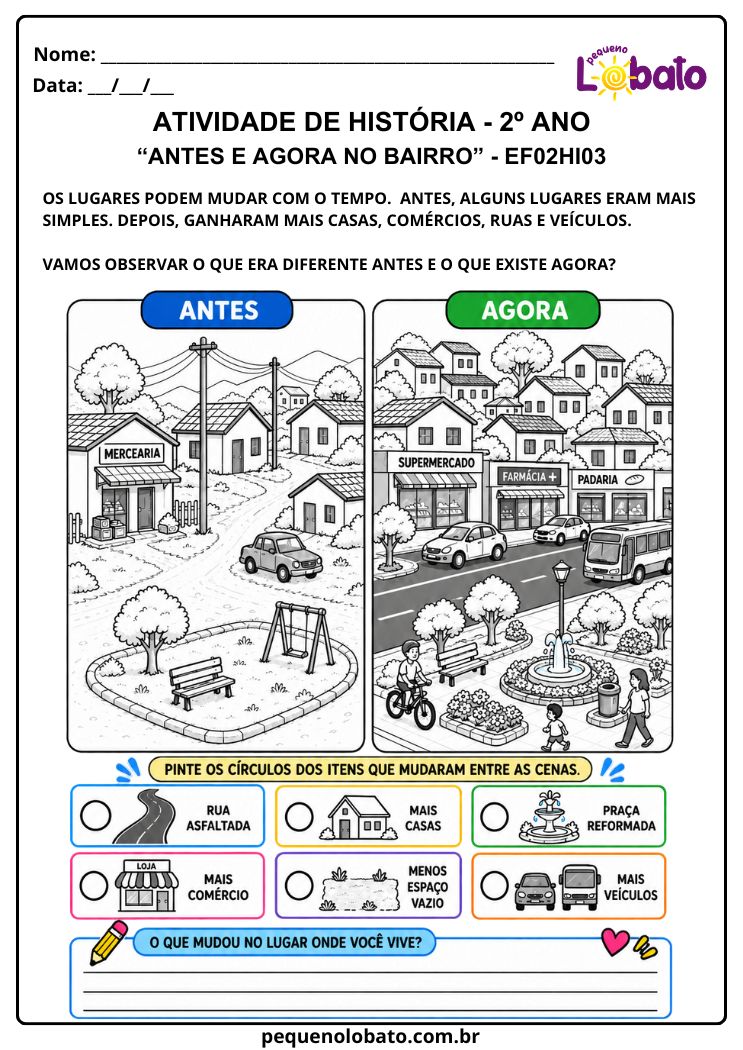 Atividade de História 2º Ano sobre Antes e Agora_ Mudanças no Bairro e na Comunidade (EF02HI03)