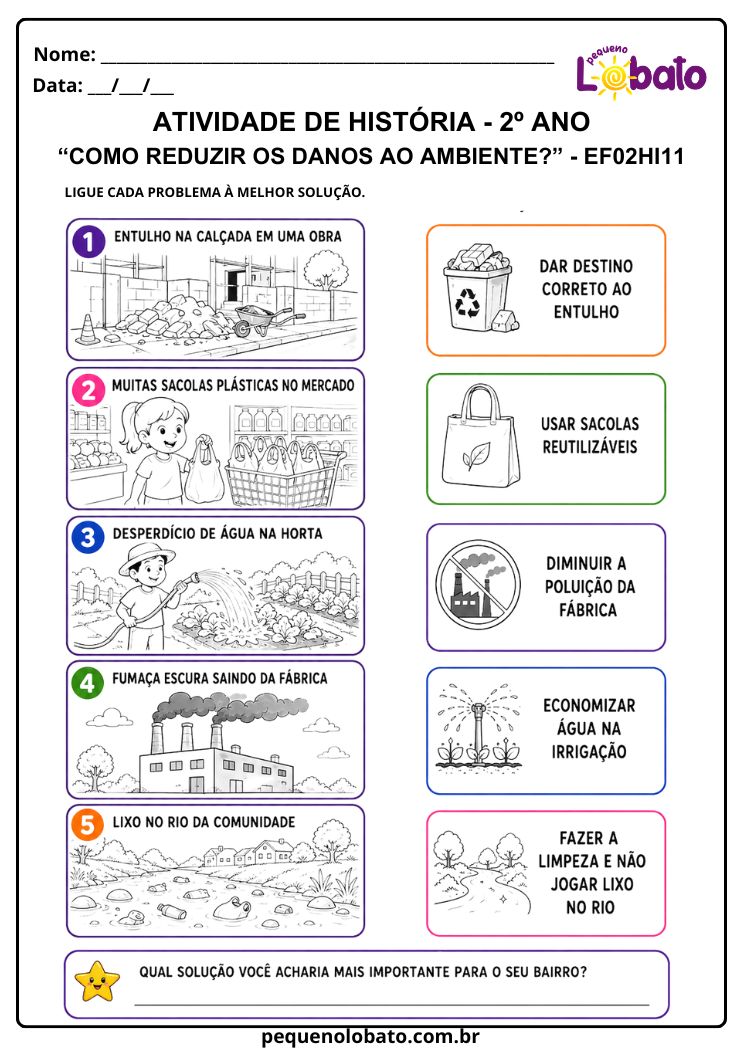 Atividade de História 2º Ano sobre Como Reduzir os Danos ao Ambiente (EF02HI11)
