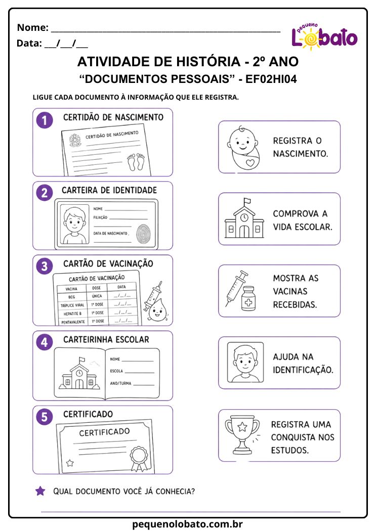 Atividade de História 2º Ano sobre Documentos Pessoais (EF02HI04)