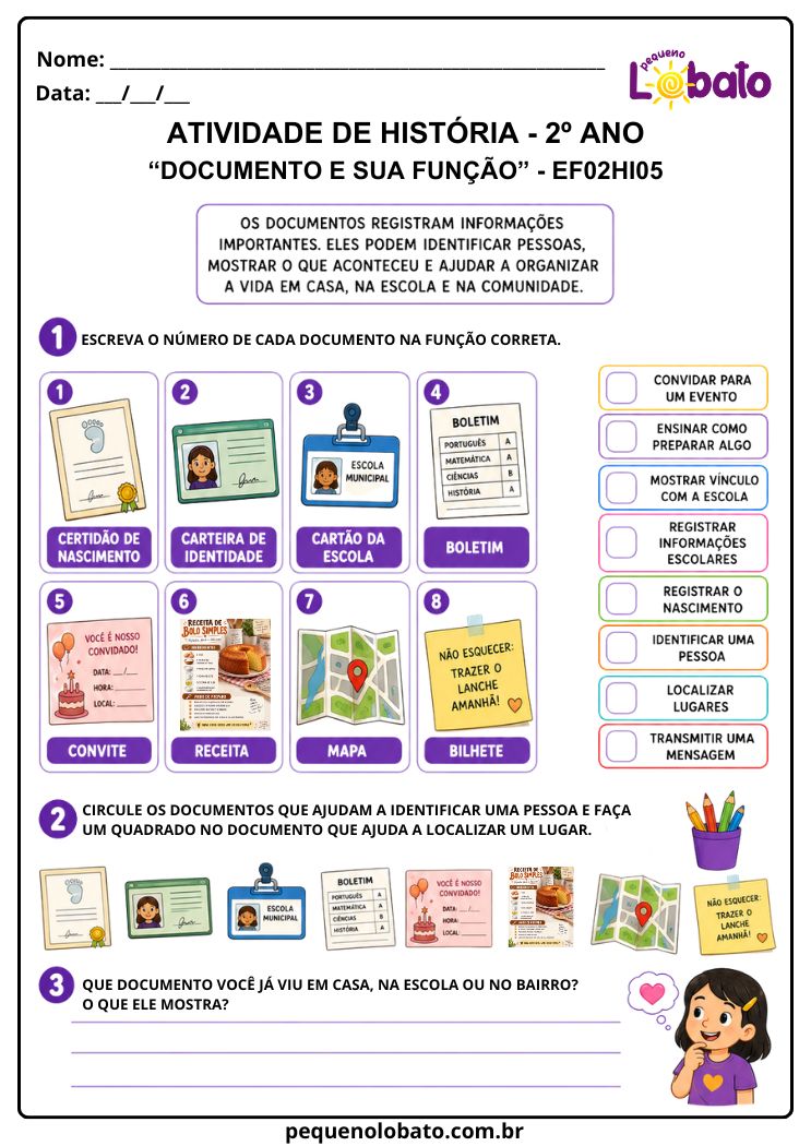Atividade de História 2º Ano sobre Documentos e suas Funções (EF02HI05)
