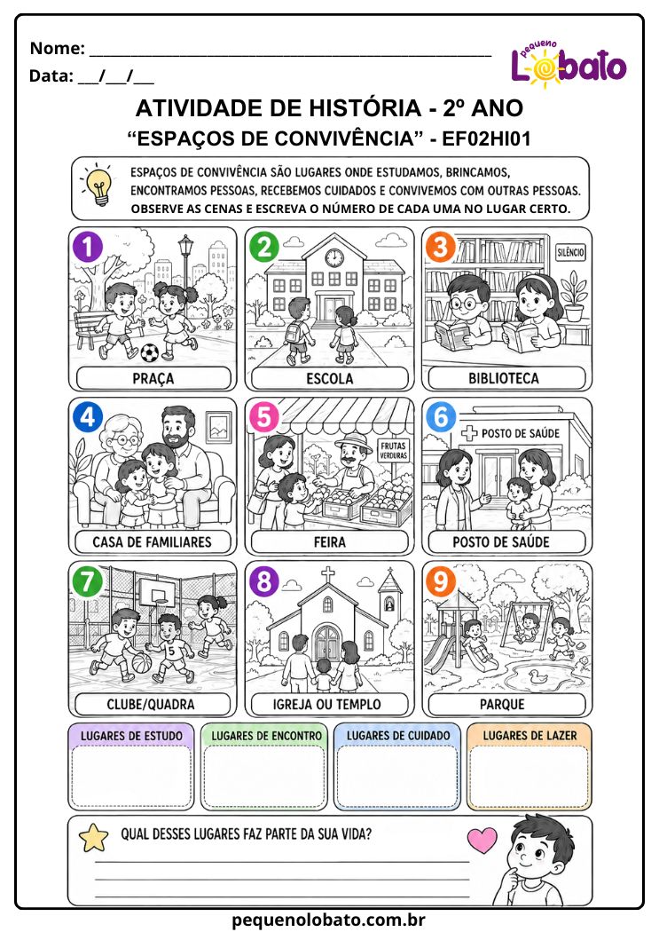 Atividade de História 2º Ano sobre Espaços de Convivência e Vida em Comunidade (EF02HI01)