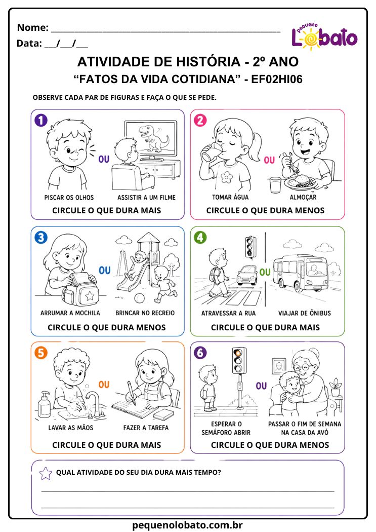 Atividade de História 2º Ano sobre Fatos da Vida Cotidiana e Duração (EF02HI06)