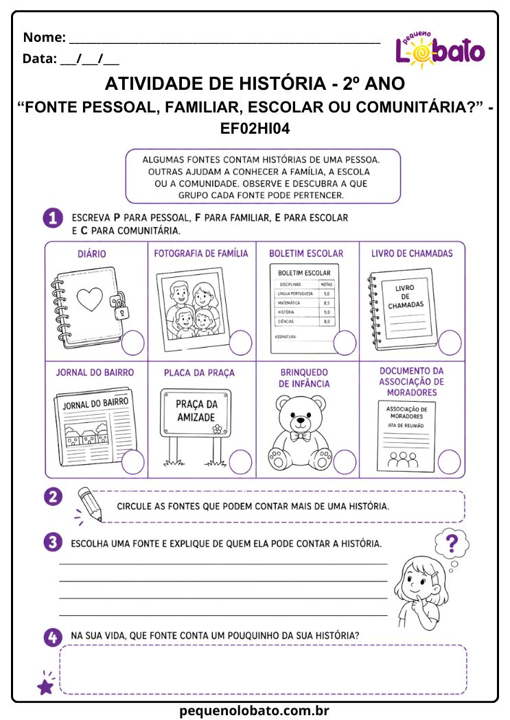 Atividade de História 2º Ano sobre Fonte Pessoal, Familiar, Escolar ou Comunitária (EF02HI04)