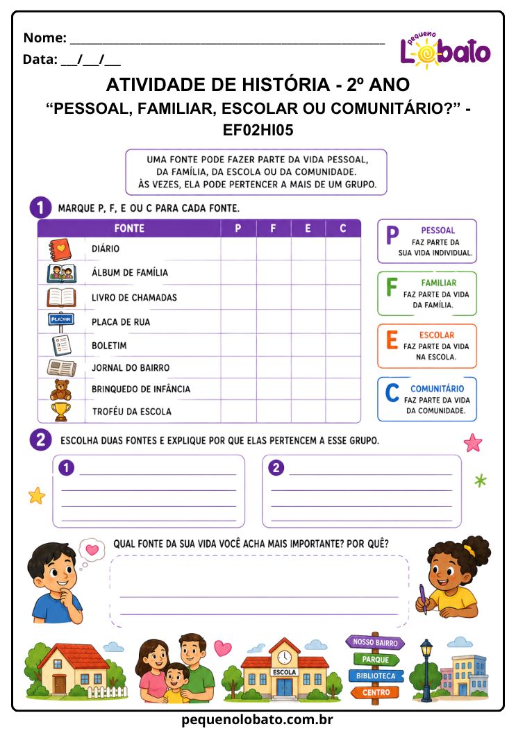 Atividade de História 2º Ano sobre Fontes Pessoais, Familiares, Escolares e Comunitárias (EF02HI05)