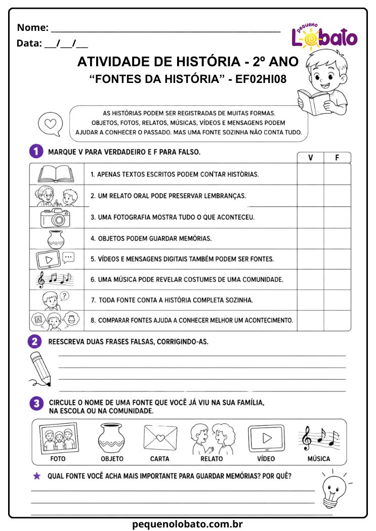 Atividade de História 2º Ano sobre Fontes da História (EF02HI08)