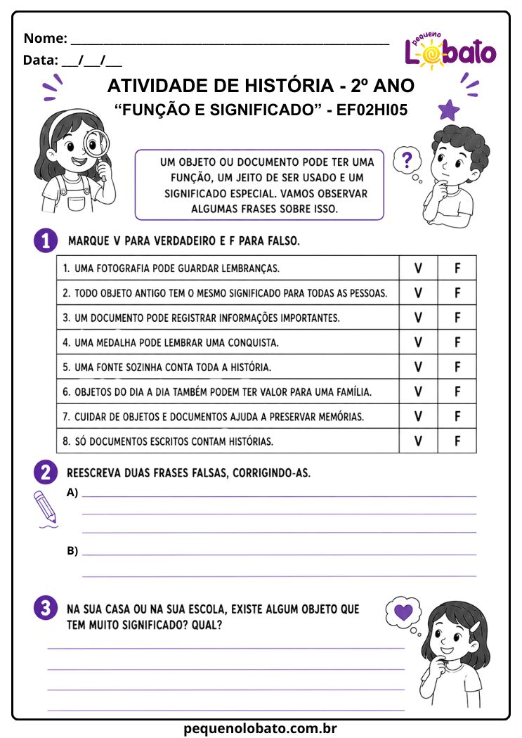 Atividade de História 2º Ano sobre Função e Significado (EF02HI05)