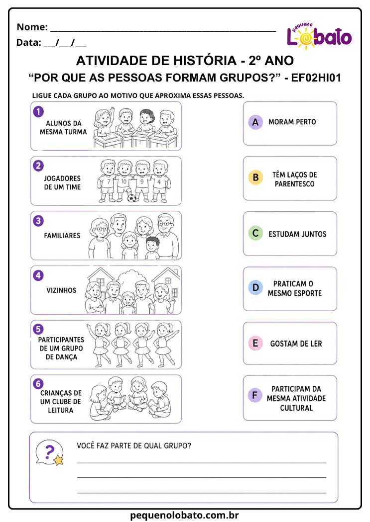 Atividade de História 2º Ano sobre Grupos Sociais e Convivência (EF02HI01)
