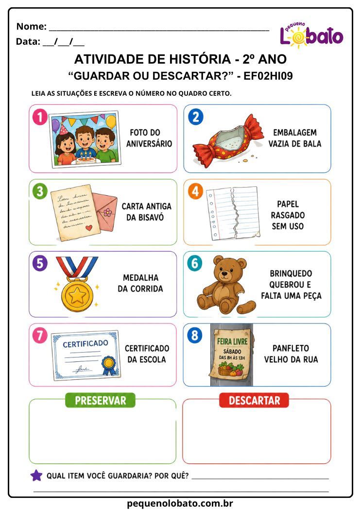Atividade de História 2º Ano sobre Guardar ou Descartar Objetos (EF02HI09)
