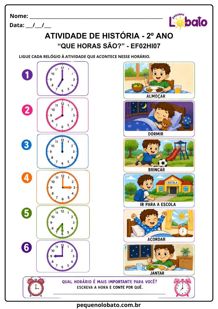 Atividade de História 2º Ano sobre Horas e Relógio (EF02HI07)